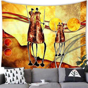 Abstract African women silhouettes wall tapestry in warm yellow and ochre tones