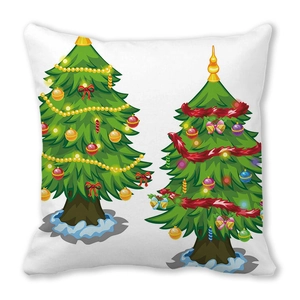 Christmas pillow cover with two decorated holiday trees on white peach skin fabric