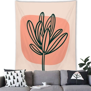 Detail of Nordic minimalist botanical wall tapestry with orange circle and black leaf design