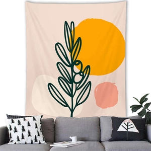 Nordic Morandi abstract plant wall tapestry with green leaves on beige fabric background