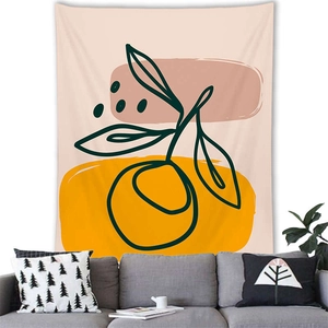 Bohemian Morandi tapestry with abstract orange and leaf patterns over a grey sofa