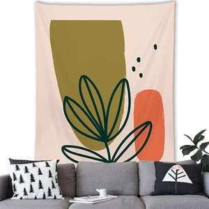 Detail of minimalist Morandi plant tapestry on white wall with modern sofa background