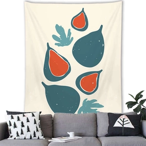 Detail of Nordic Morandi tapestry showing abstract fruit patterns above a grey sofa
