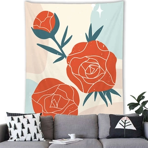 Detail of floral tapestry hanging above a grey sofa in a minimalist modern living room