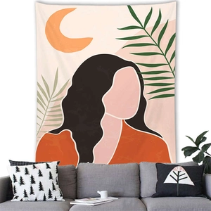 Detail of Nordic Morandi tapestry featuring minimalist abstract woman and palm leaf art