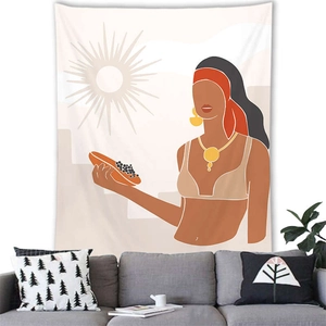 Morandi minimalist abstract woman wall tapestry hanging above a grey sofa for home decor