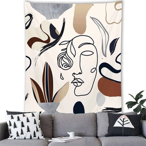 Detail of Nordic tapestry with abstract face line art and soft brushed fabric texture