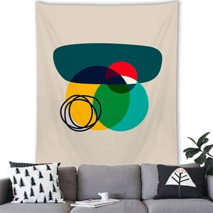 Macro detail of Nordic Morandi tapestry featuring colorful abstract geometric patterns