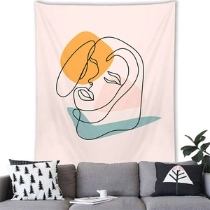 Nordic minimalist tapestry with abstract female face line art and colorful geometric shapes
