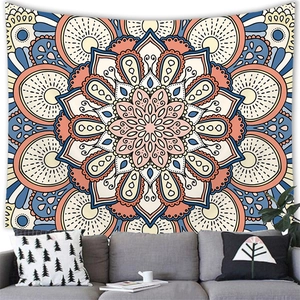 Detail of colorful bohemian mandala wall tapestry with circular geometric patterns