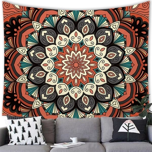 Bohemian concentric mandala wall tapestry in orange and dark green for home decor