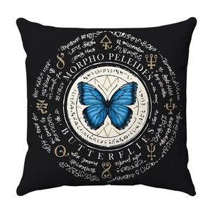 Black square cushion cover with blue butterfly and mystical alchemy occult patterns