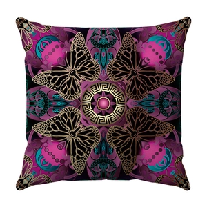 Detailed close-up of mandala butterfly cushion cover with golden greek key pattern