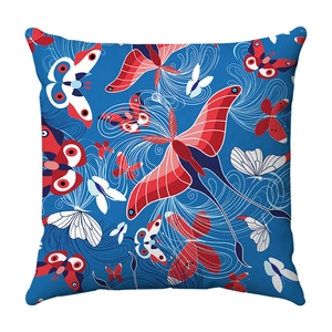 Detailed close-up of butterfly art print on square plush velvet cushion cover fabric