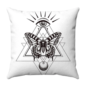 Close-up of Eye of Providence and butterfly print on soft plush white cushion cover