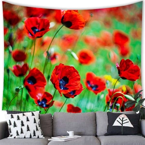 Détail d'une tapisserie champ de coquelicots suspendue au-dessus d'un canapé de salon moderne