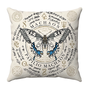 Divination butterfly plush cushion cover featuring vintage alchemy symbols and Latin text