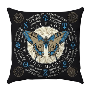 Square black plush cushion cover featuring a golden butterfly and occult alchemy symbols