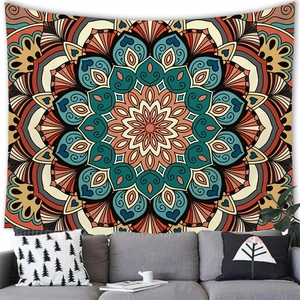 Vintage bohemian mandala wall tapestry with peacock blue and coral geometric patterns