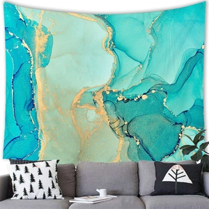 Detailansicht der Wandtapisserie mit abstraktem Marmor-Design in Blau und Gold
