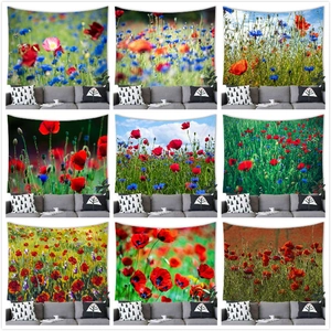 Tapisserie de Champ de Pavots Rouges et Fleurs Sauvages Murale Paysage Naturel en Polyester pour Salon Chambre à Coucher