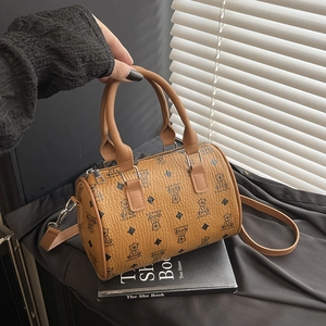 Vintage Boston Tas Voor Dames PU Leer Cylindrische Crossbody Tas Top Handvat Handtas Schattig Berenpatroon