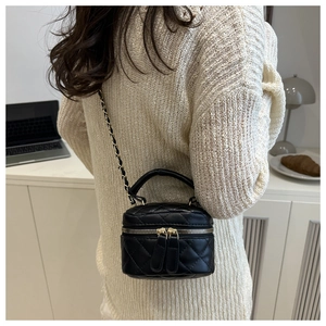 Detailed view of mini quilted leather vanity bag with gold chain strap worn by a model