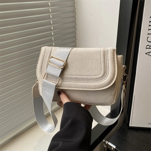 Chic beige crossbody square bag with wide fabric strap and decorative U-shaped stitching