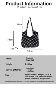 Detailed size chart for the polka dot tote bag showing dimensions and lightweight specs