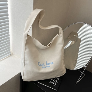 Women Casual Canvas Shoulder Bag Large Capacity Letter Print Underarm Tote Bag Fashion Minimalist Hobo Bag For Daily Travel