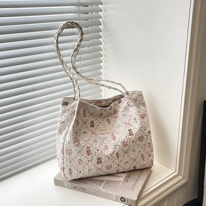 Women Quilted Nylon Tote Bag Cute Cartoon Bear Floral Print Large Capacity Shoulder Bag With Woven Strap And Cloud Pendant