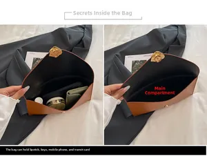 Détail pochette enveloppe marron en PU montrant le rangement et le fermoir doré