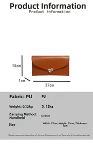 Vue détaillée de la pochette enveloppe en similicuir marron avec dimensions 27x15x1cm