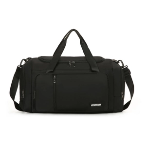 Waterproof black gym bag with shoe compartment, dual handles, and adjustable strap