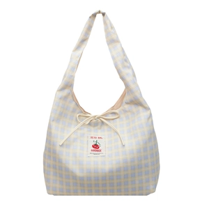 Checkered canvas tote bag with tomato patch and bow detail for women in yellow and blue