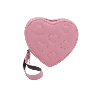 Pink heart-shaped small handbag with embroidered heart patterns and wrist strap