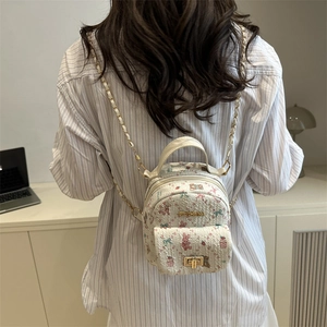 Cute cartoon bear printed mini backpack with embossed texture and gold chain strap