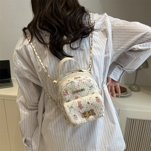 Cute cartoon bear print mini backpack with golden chain strap and textured fabric