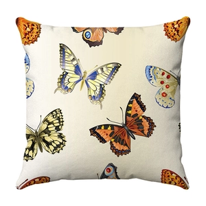 Macro shot of short plush fabric texture and colorful butterfly print on the cushion cover