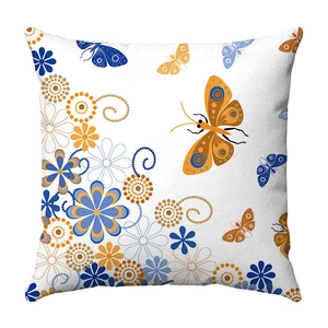 Detail of bohemian butterfly floral pattern on plush square cushion cover texture