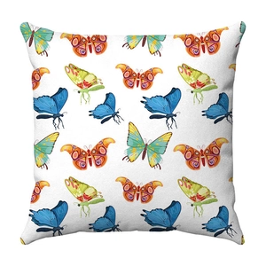 Detail of colorful watercolor butterfly patterns on white short plush cushion cover fabric