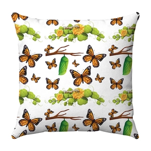 Macro detail of watercolor butterfly lifecycle print on soft plush square pillowcase