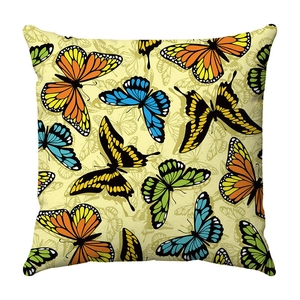 Close-up of vibrant watercolor butterfly print on plush square sofa cushion cover fabric