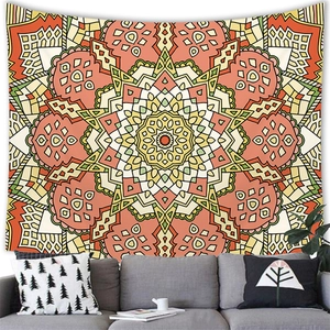 Bohemian mandala geometric tapestry with orange and beige patterns for home wall decor