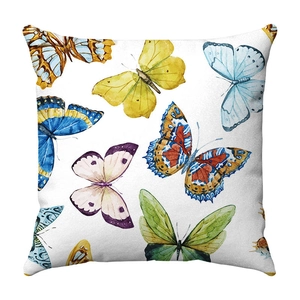 Plush square cushion cover with artistic watercolor butterfly print on a white fabric base
