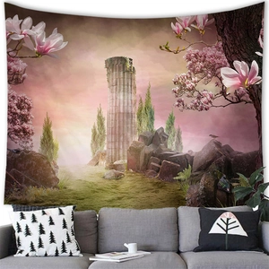 Detail view of fantasy forest treehouse tapestry hanging above a modern sofa