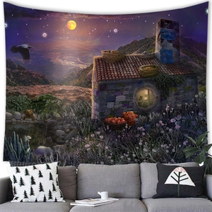 Detailed view of fantasy tree house tapestry hanging above a modern sofa in a living room