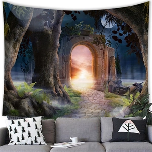 Detailed close-up of fantasy forest tapestry featuring a mystical stone arch and sunrise