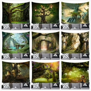 Fantasy Forest Tapestry Fairy Tale House Wall Hanging Polyester Landscape Backdrop For Home Office Bedroom Decoration