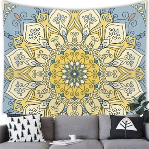 Bohemian mandala tapestry with radial patterns for wall decor in a living room setting